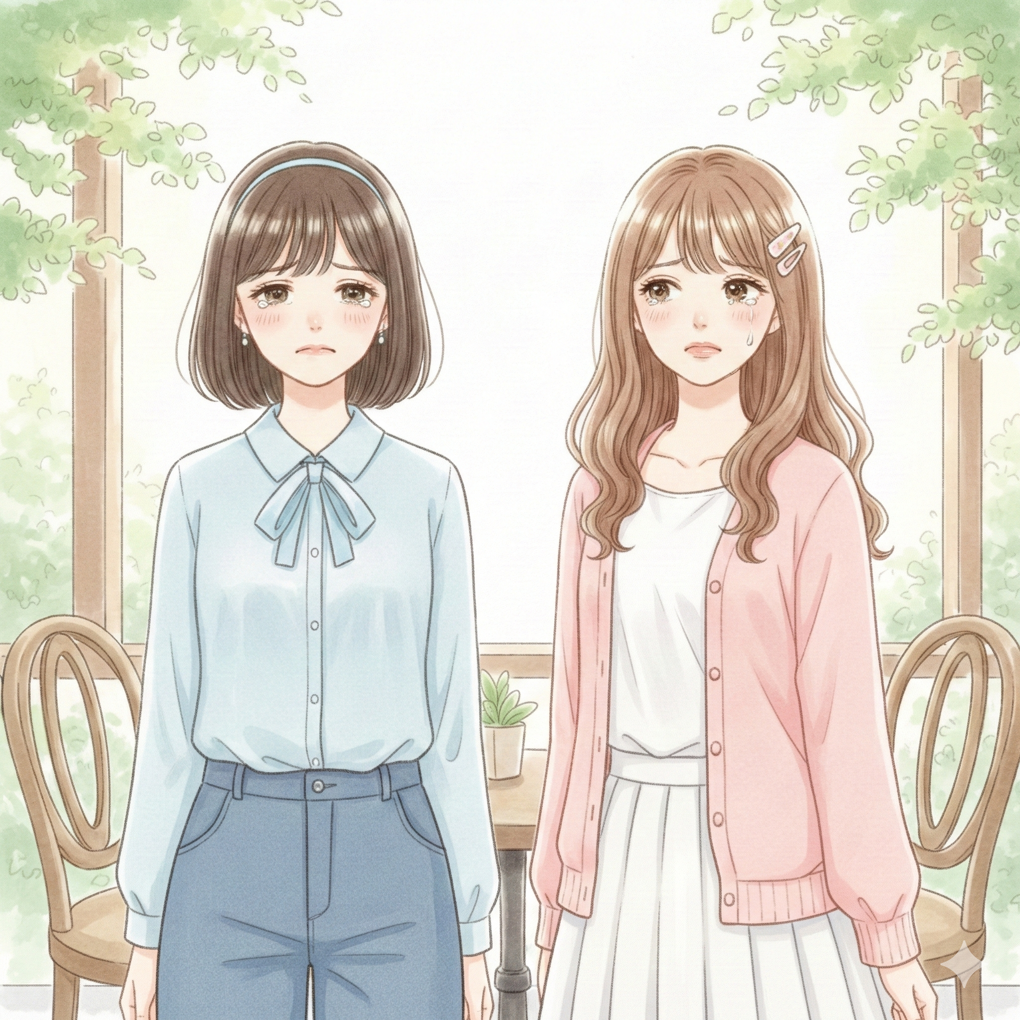 悲しい表情の日本人の女の子二人のイラスト