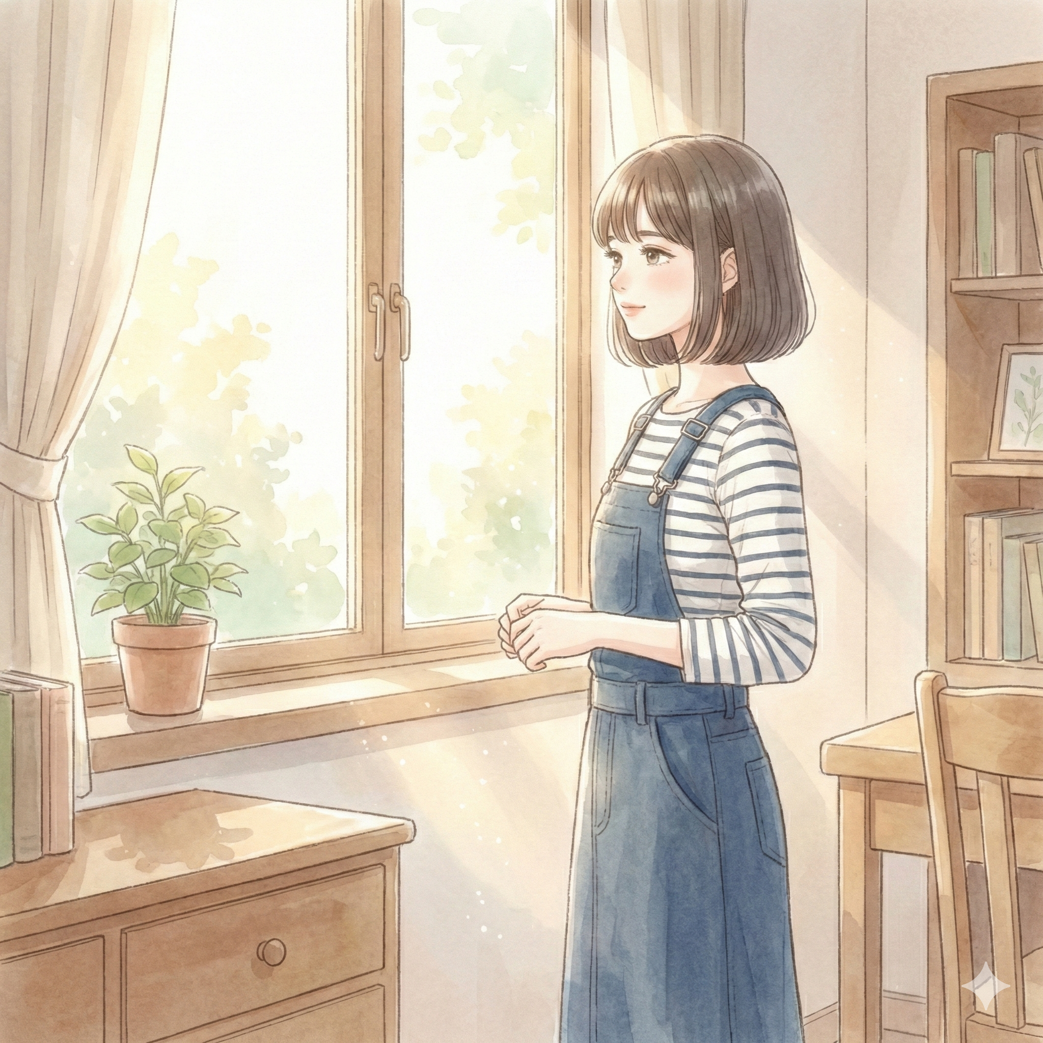 窓辺で静かに外を見つめる女性のシルエット