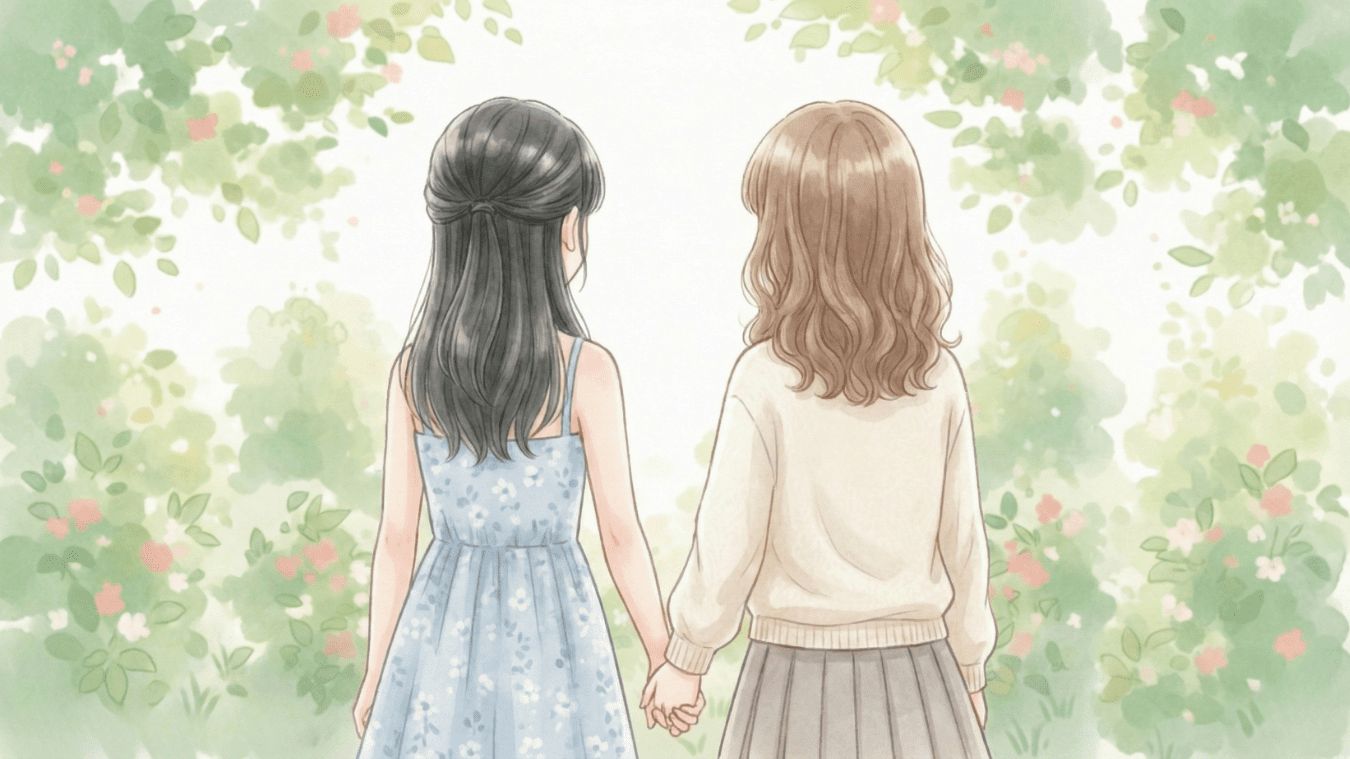 静かな公園でリラックスする女性二人の後ろ姿イメージ