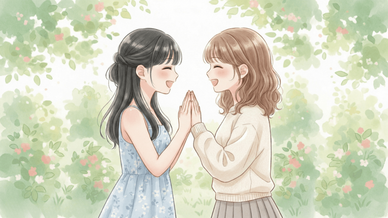 静かな公園でリラックスする女性二人が手を合わせて安心しているイメージ