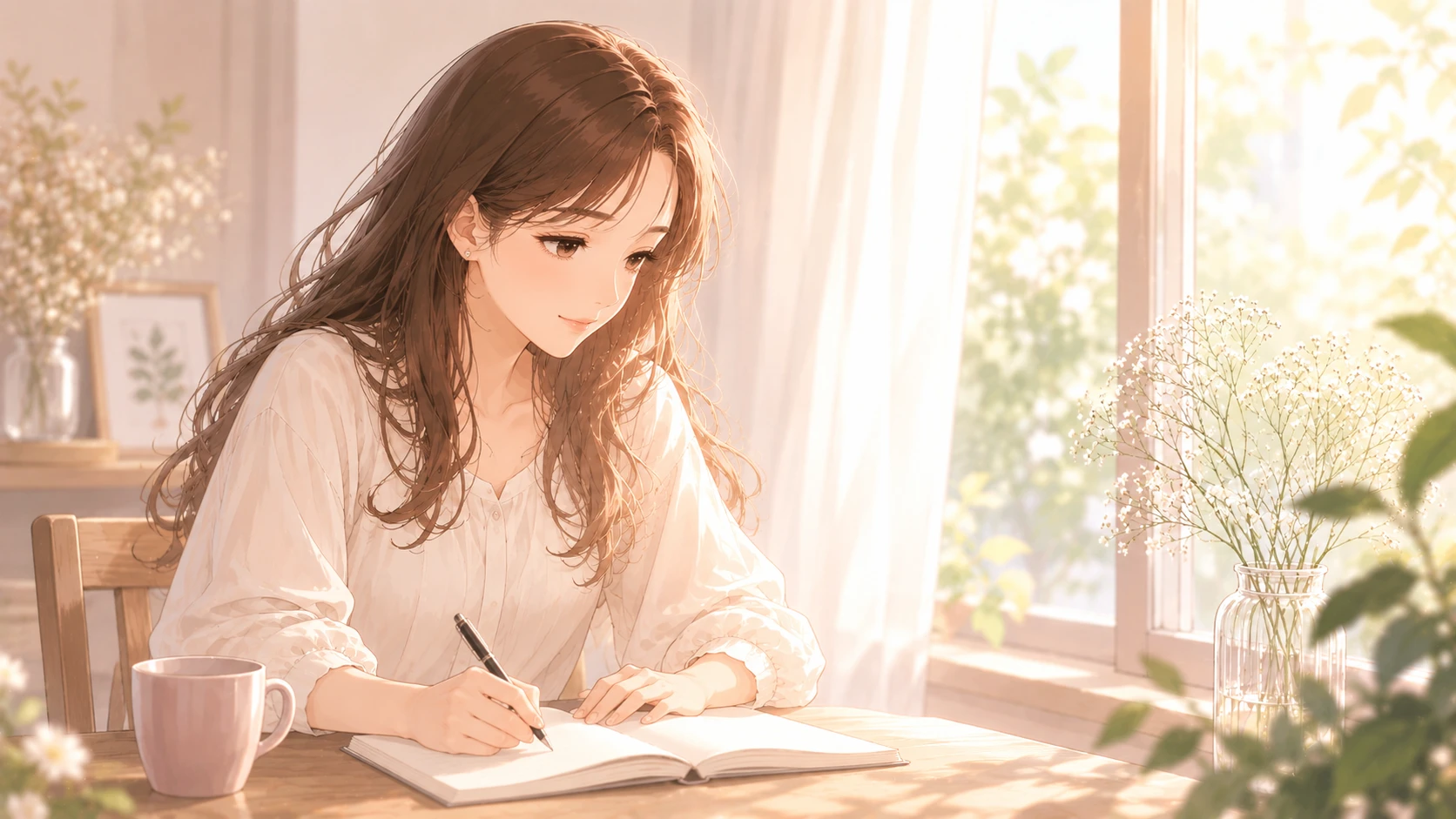 同じ女性が窓辺のノートへ気持ちを書き、少し肩の力が緩んでいる。