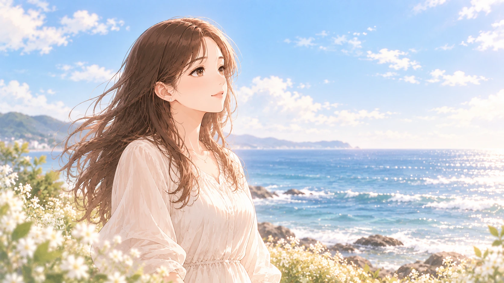 同じ女性が穏やかな海辺で腕を下ろし、風に向かって少し顔を上げている。