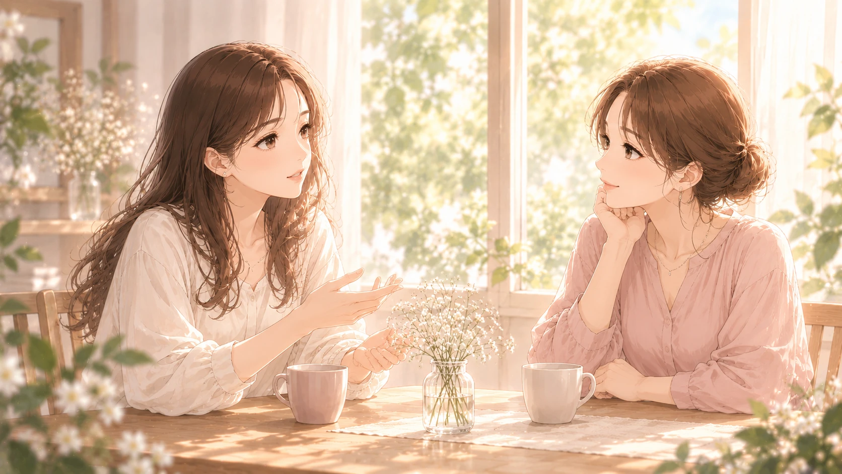 同じ女性が、お茶を前にもう一人の女性と斜めに向き合って話す。聞き手は静かに目を合わせている。